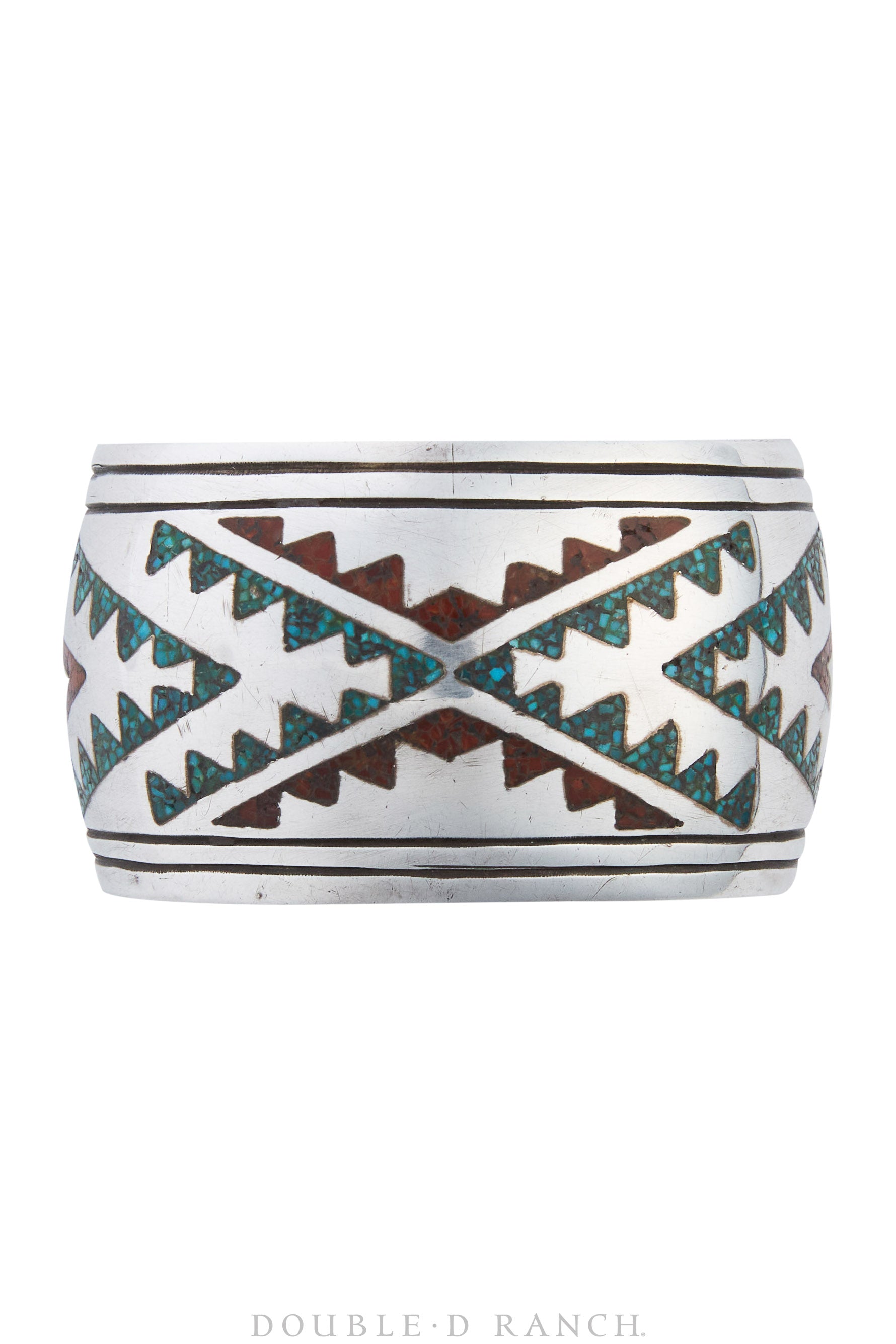 Cuff, Chip Inlay, Turquoise & Coral, Geometric, Vintage, 3732