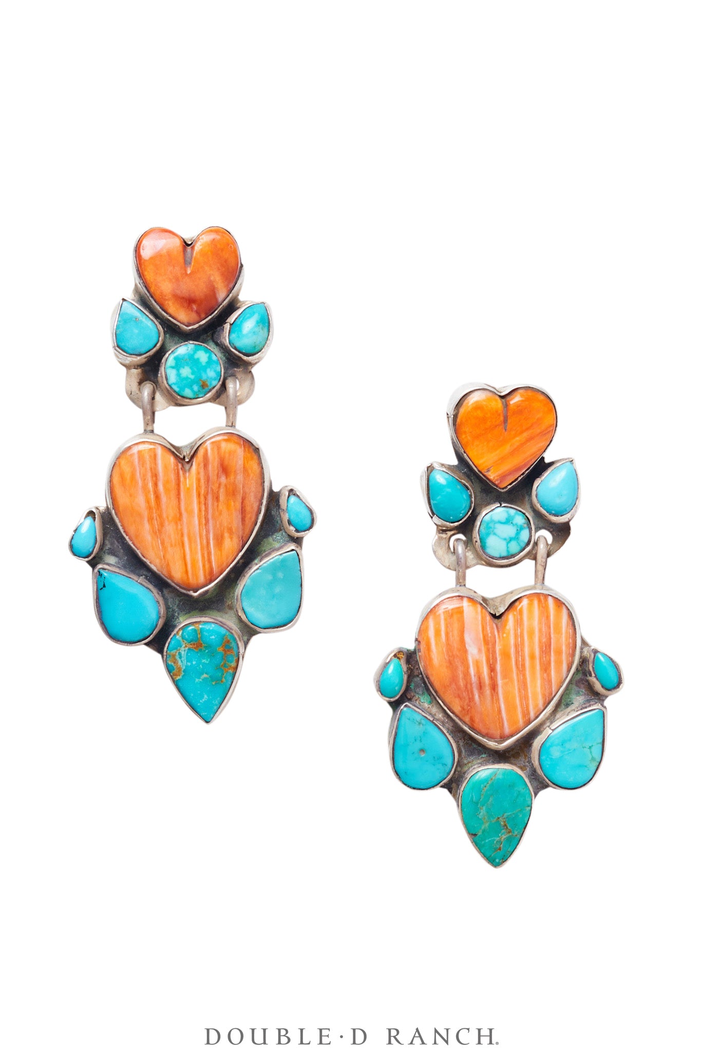 Earrings, Oscar Betz, Chandelier, Heart, Turquoise, Orange Spiny Oyster, Hallmark, Contemporary, 1740