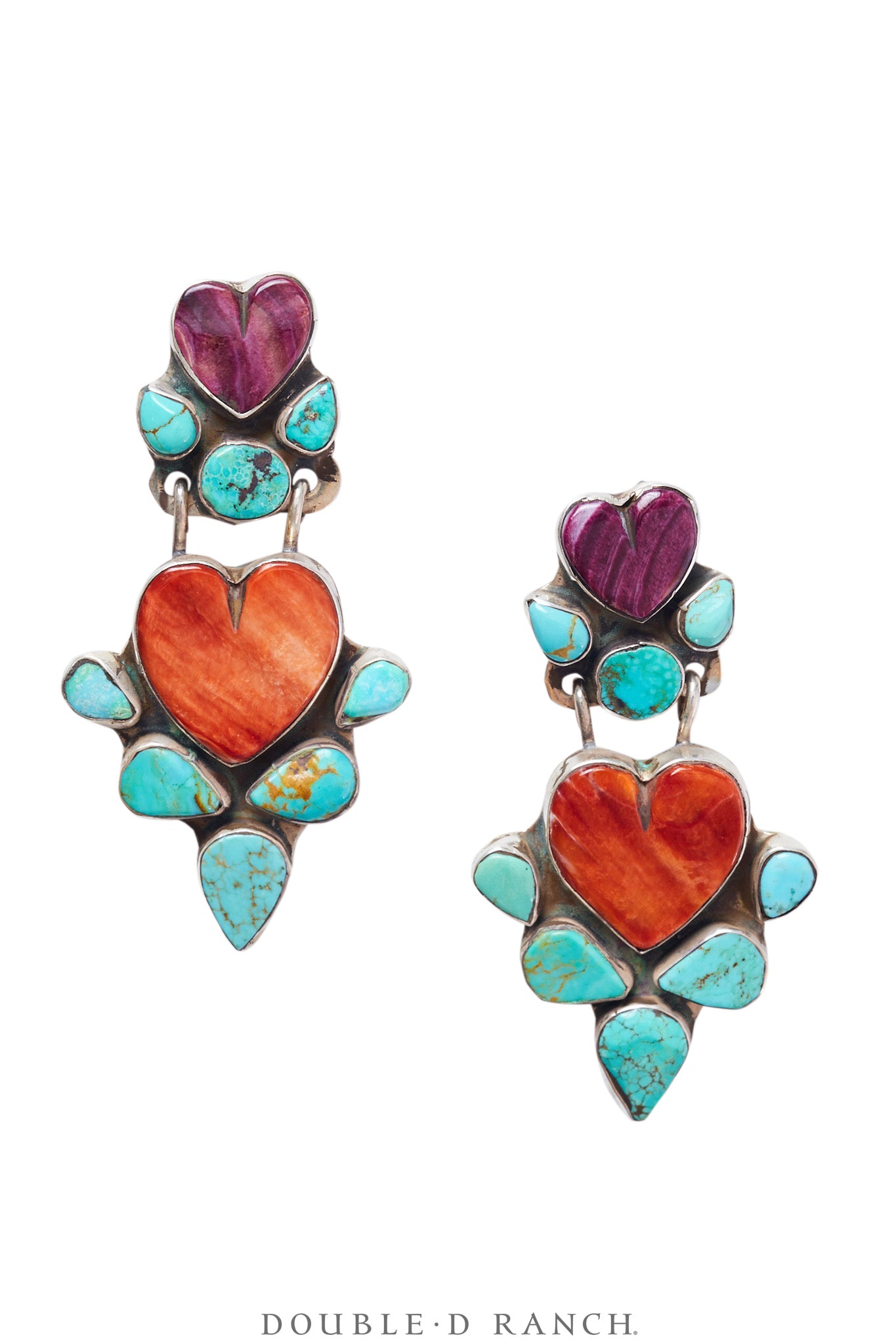 Earrings, Oscar Betz, Chandelier, Heart, Turquoise, Orange & Purple Spiny Oyster, Hallmark, Contemporary, 1740