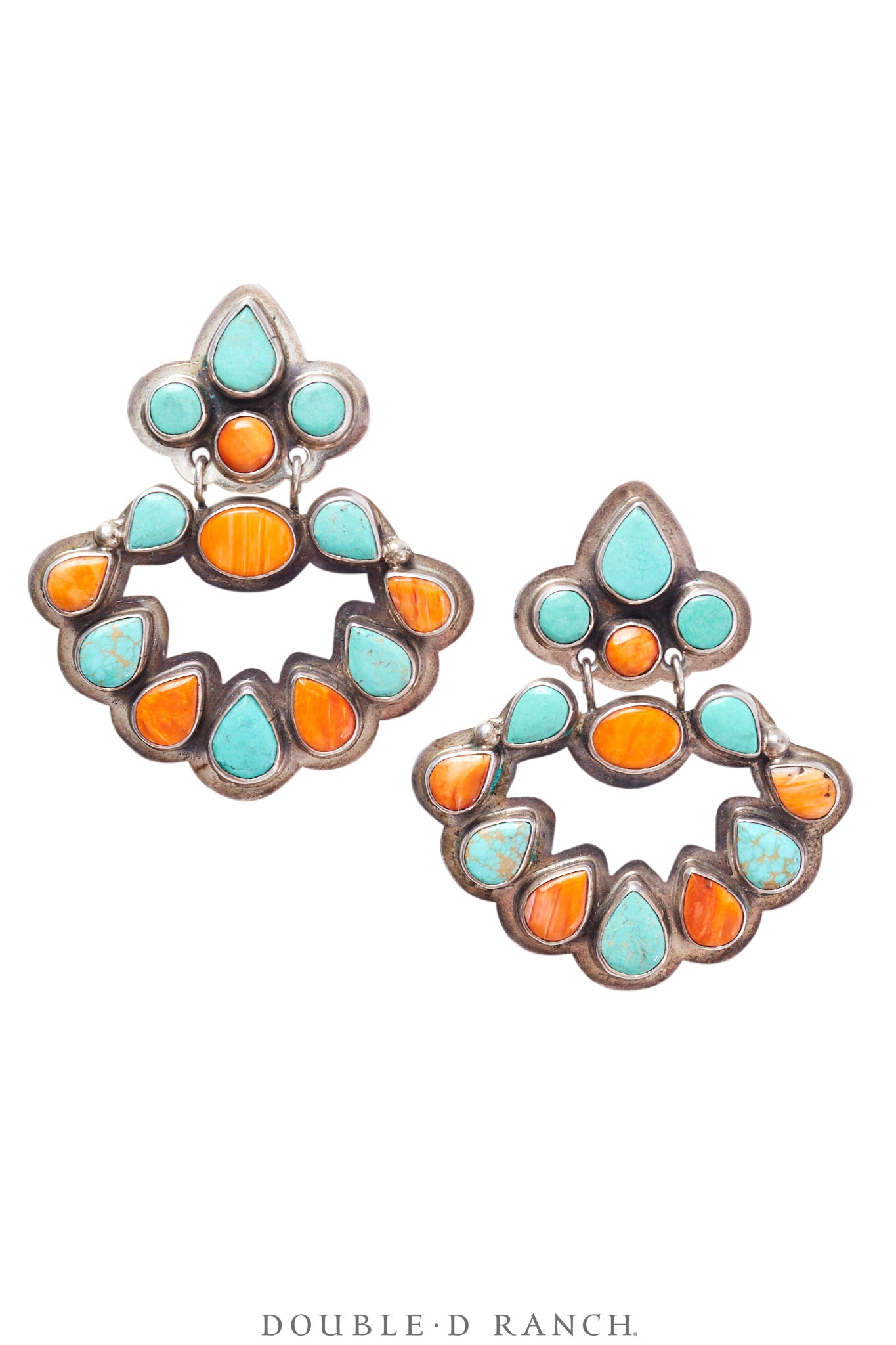 Earrings, Oscar Betz, Fan, Turquoise, Orange Spiny Oyster, Hallmark, Vintage, 1744