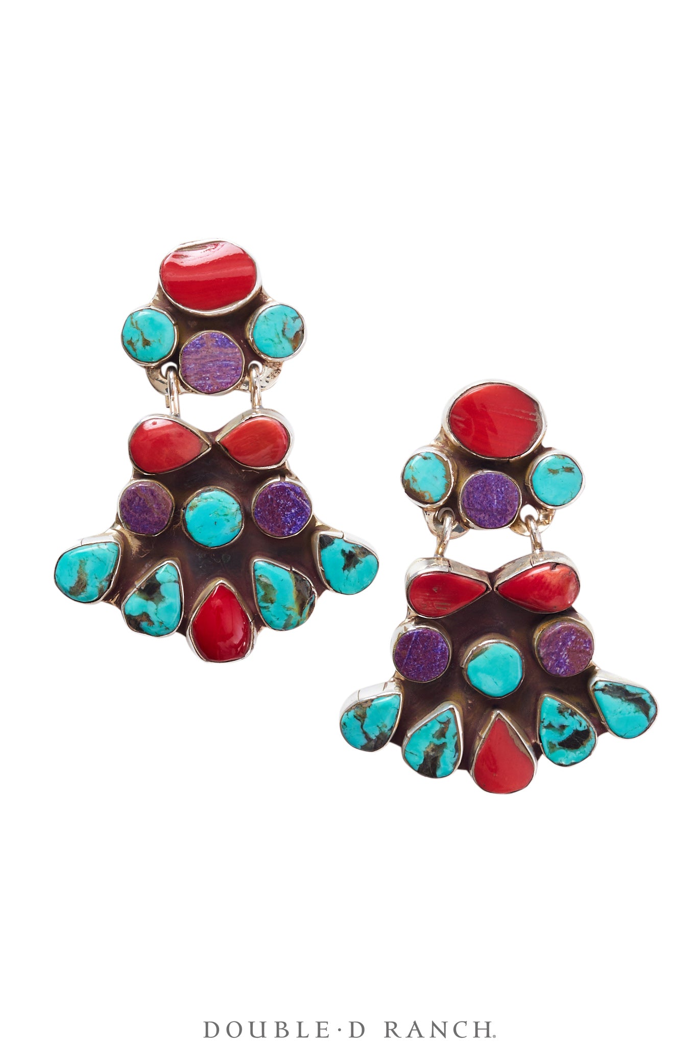 Earrings, Oscar Betz, Fan, Turquoise, Coral, Sugalite, Hallmark, 1746