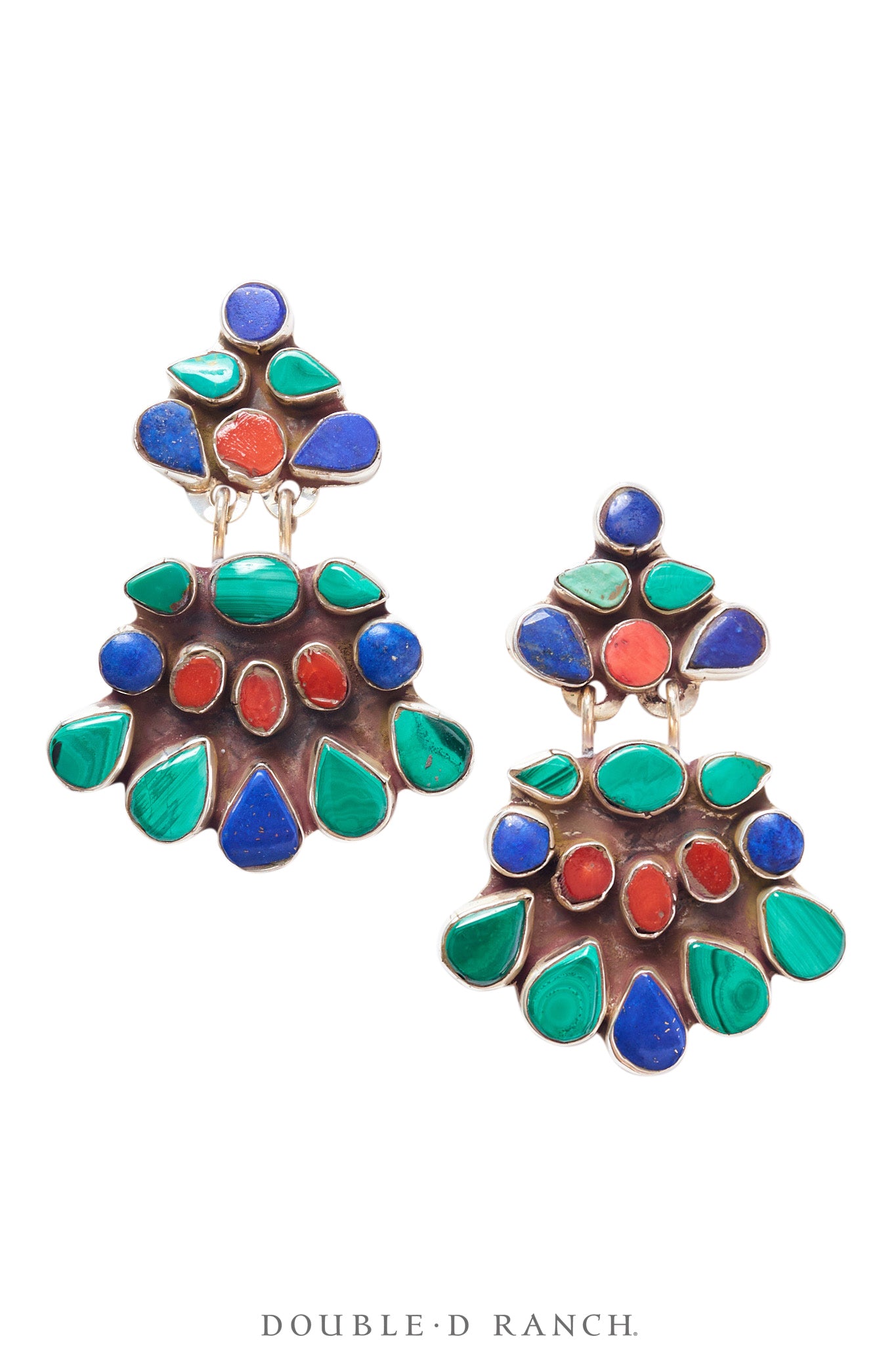 Earrings, Oscar Betz, Fan, Lapis, Coral, Malachite, Hallmark, 1750