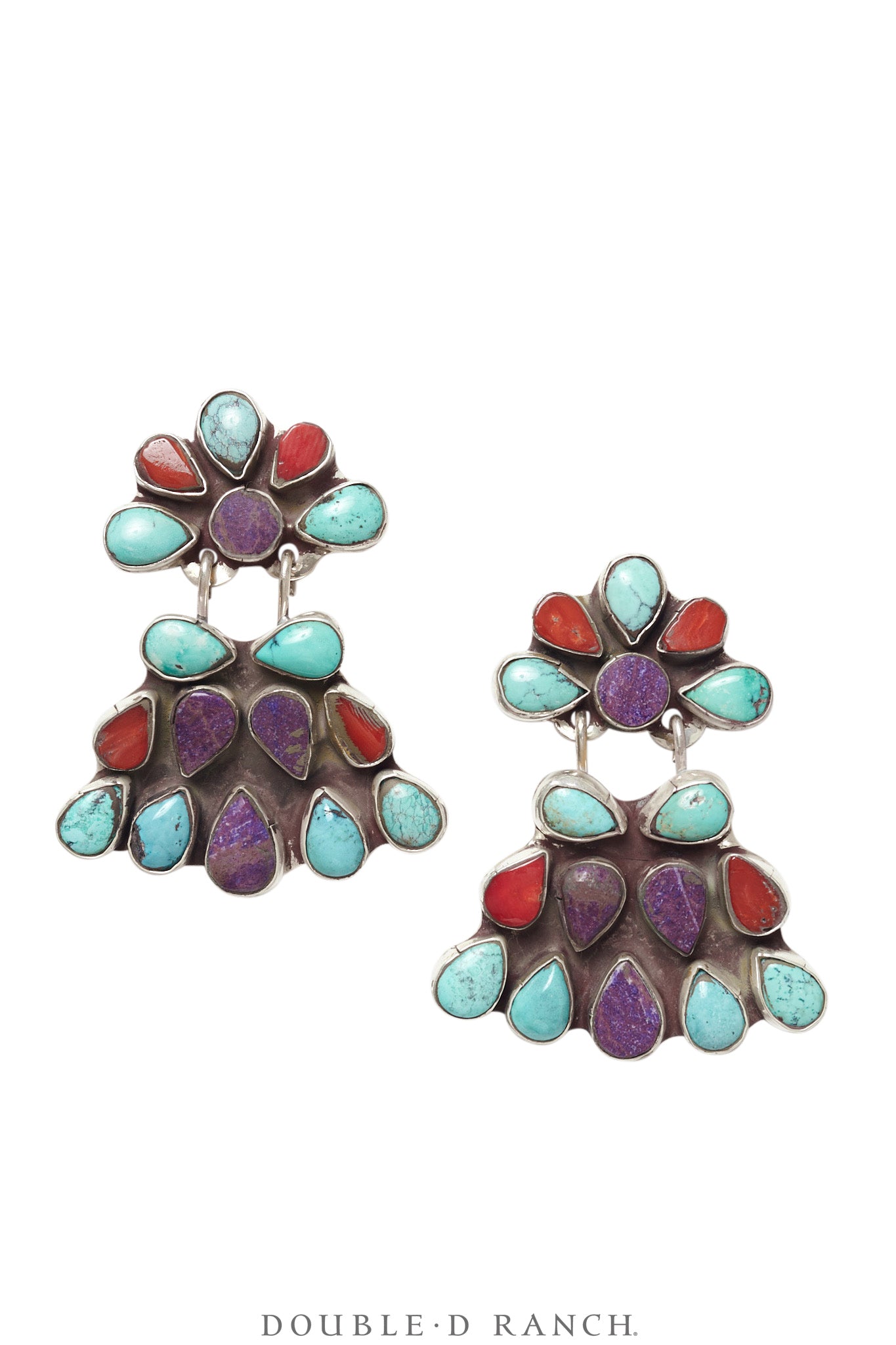 Earrings, Oscar Betz, Fan, Turquoise, Coral, Sugilite, Hallmark, 1751