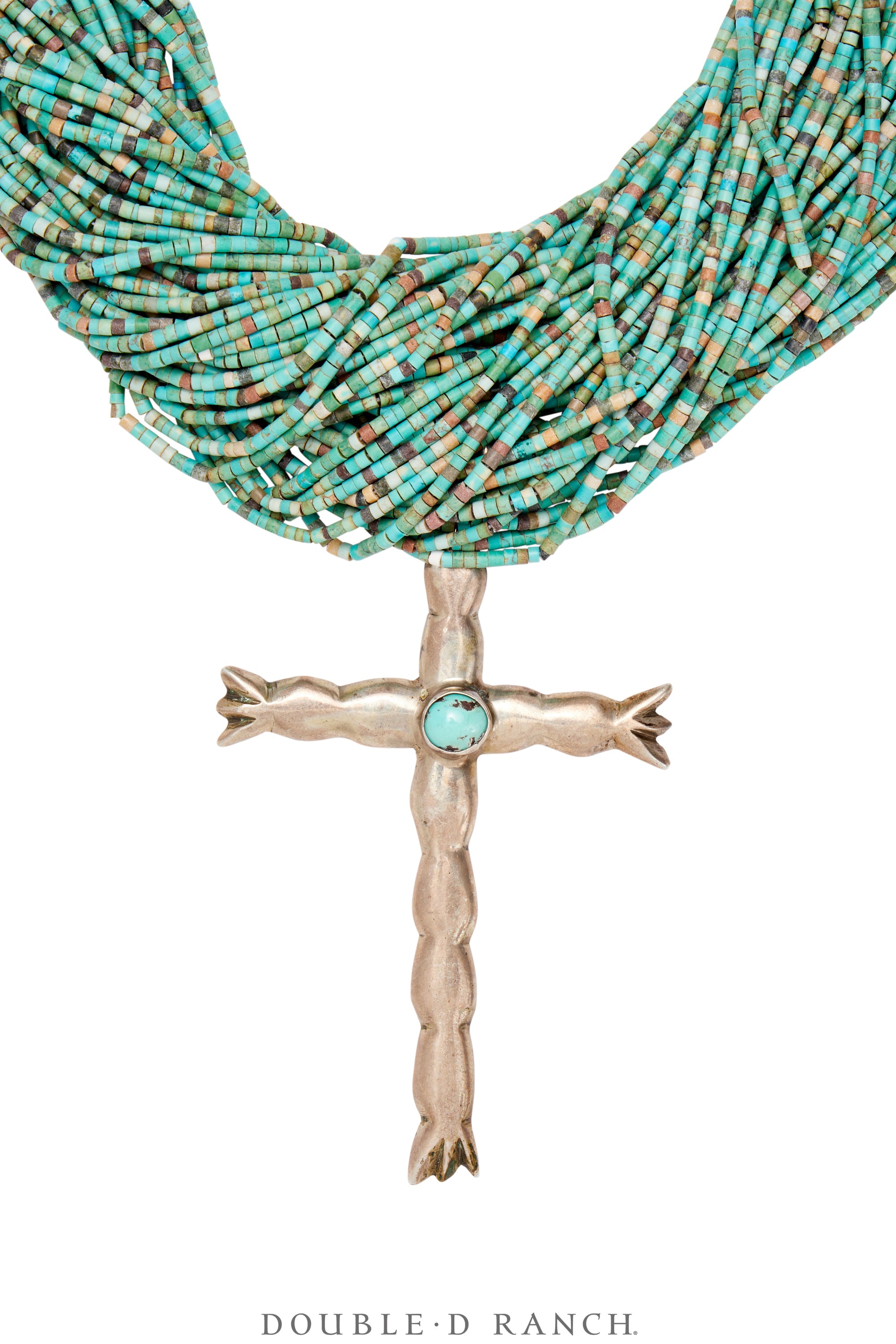 Necklace, Natural Stone, Turquoise Calsilica Heishi With Cross Pendant, Navajo, Contemporary, 3421