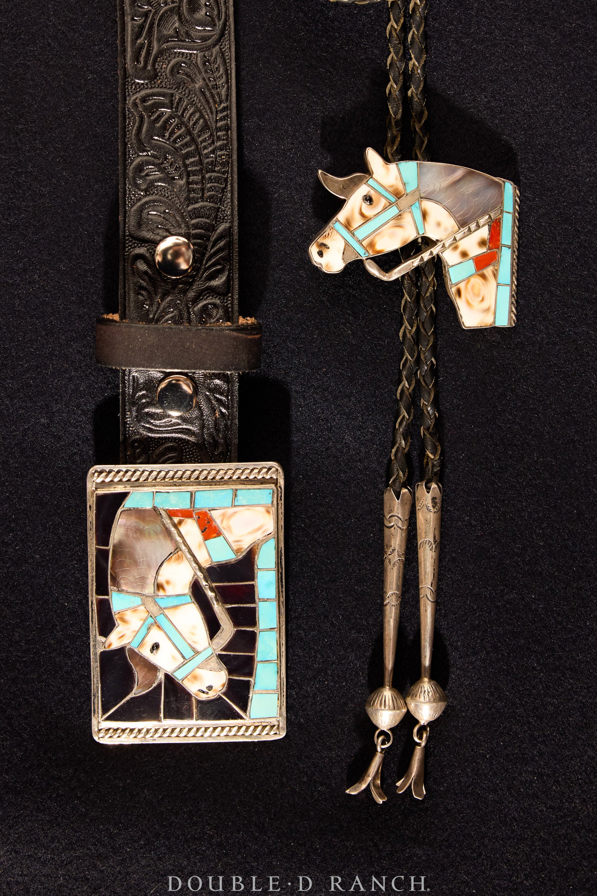 Belt & Bolo Set, Inlay, Multi Stone, Horse Profile, Appalossa, Lincoln & Helen Zunie Hallmark, Vintage, 1771