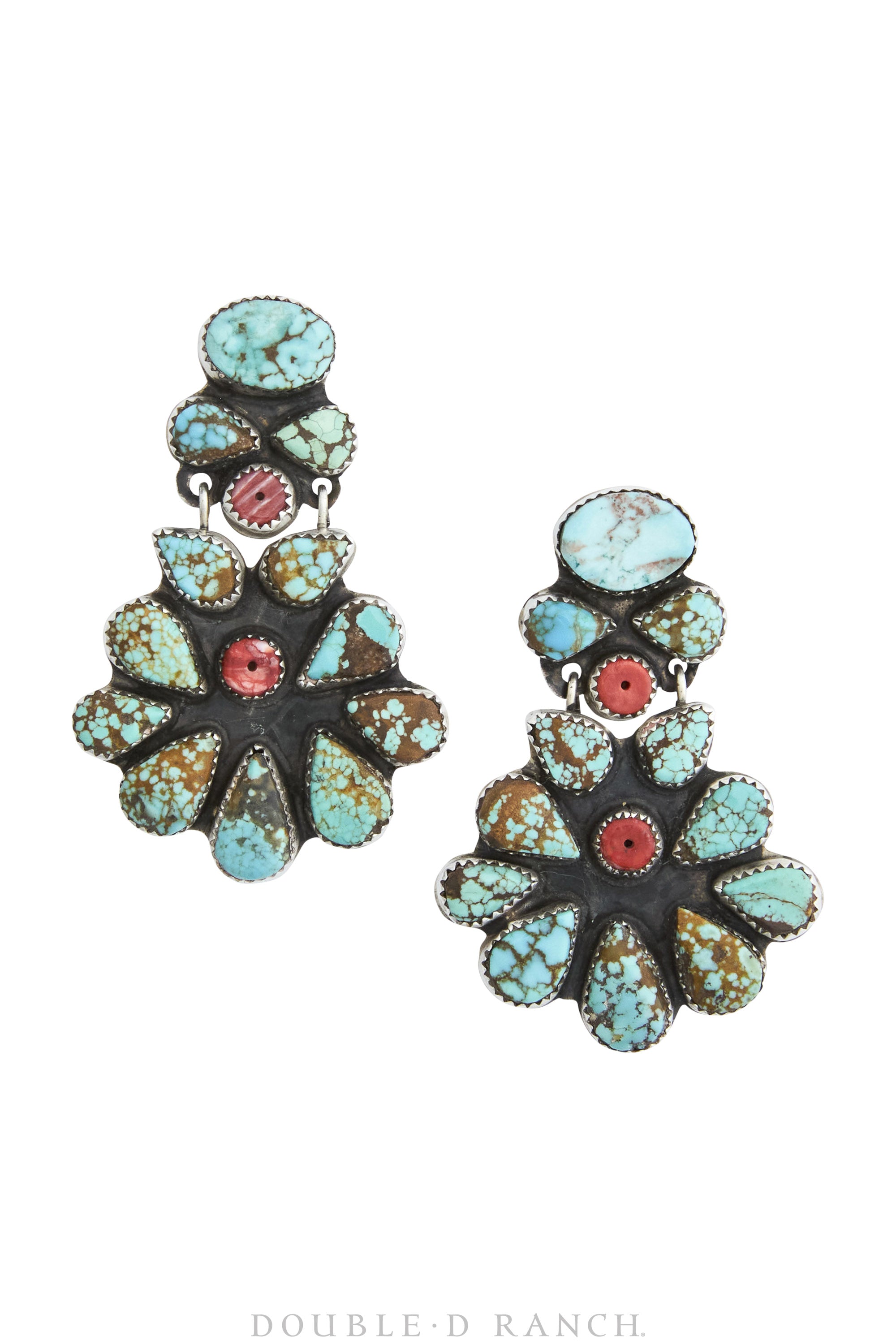 Earrings, Oscar Betz, Fan, Turquoise & Coral, Hallmark, 1696