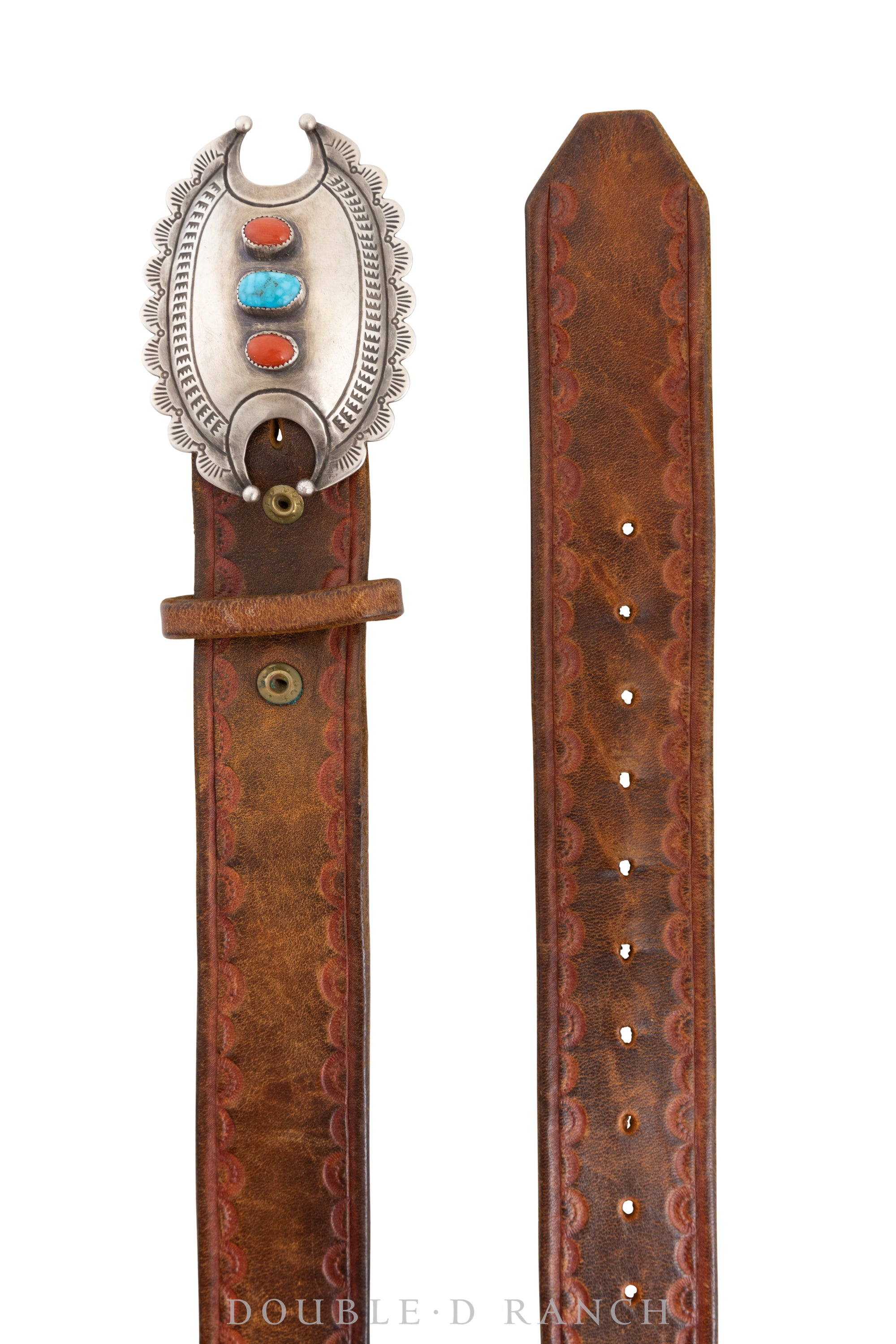 Belt, A Vintage, Buckle, Concho, Unique Notch, Turquoise & Coral, Hallmark, Vintage, 578