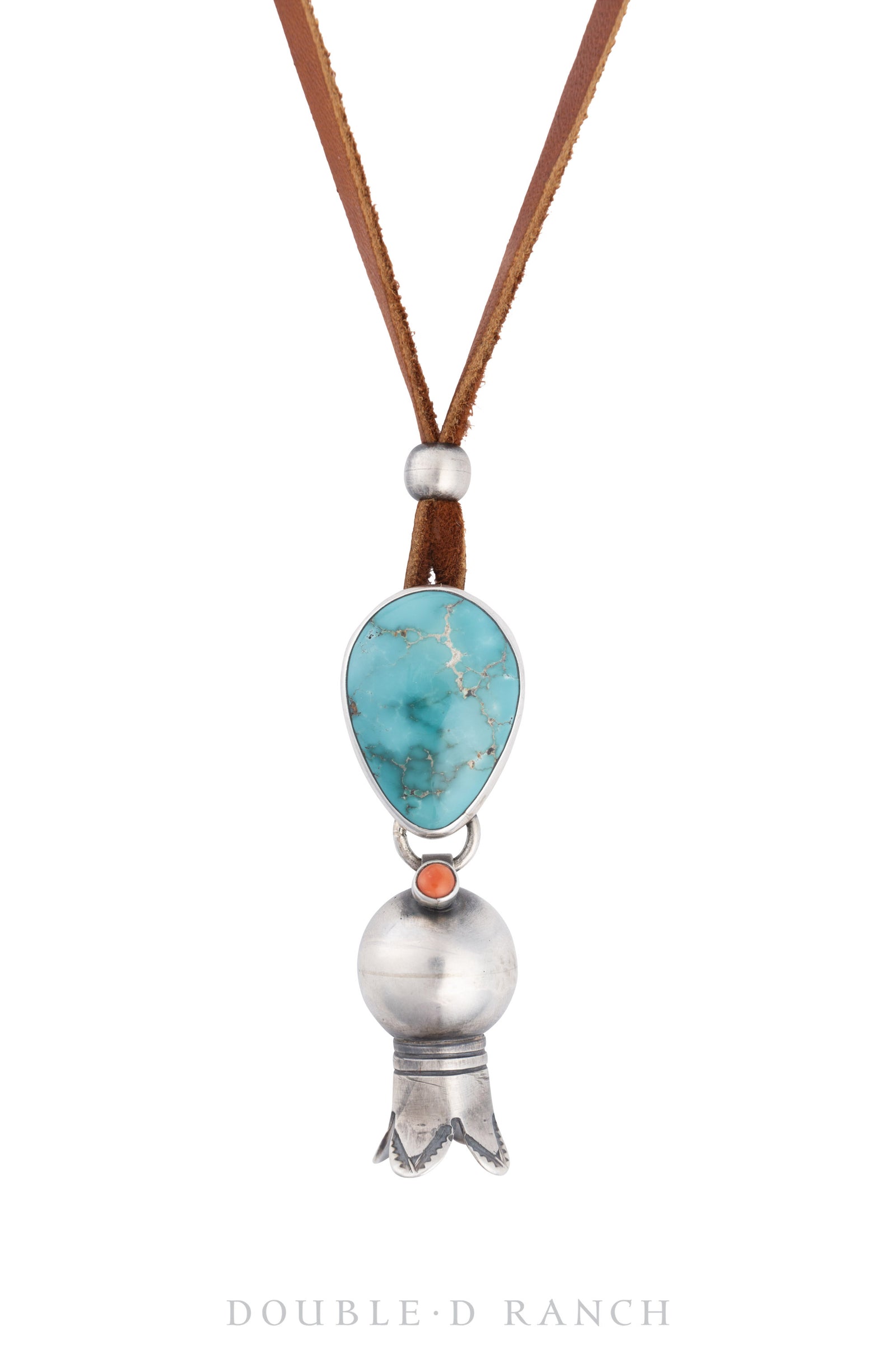 Necklace, Leather Thong, Turquoise With Coral, Squash Blossom, Hallmark, Contemporary, 3092