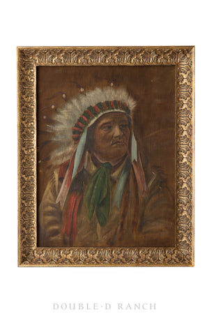 Art, Oil on Velvet, Portrait, Native American Chief, Vintage, 1286