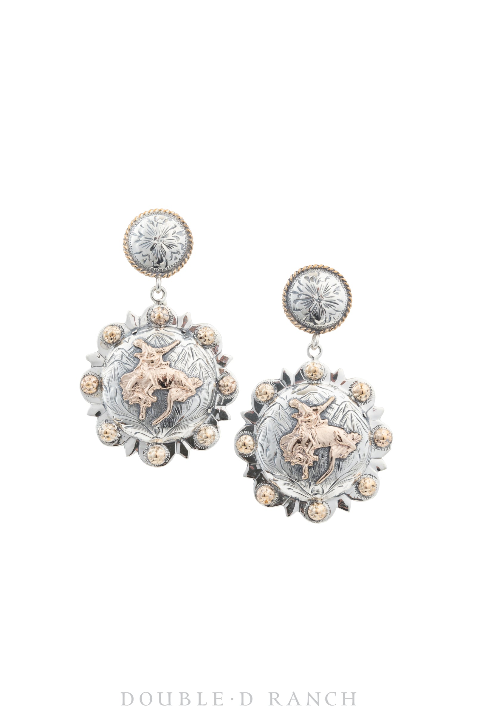 Earrings, Concho, Western Engraved, Bronc, Contemporary, 1297