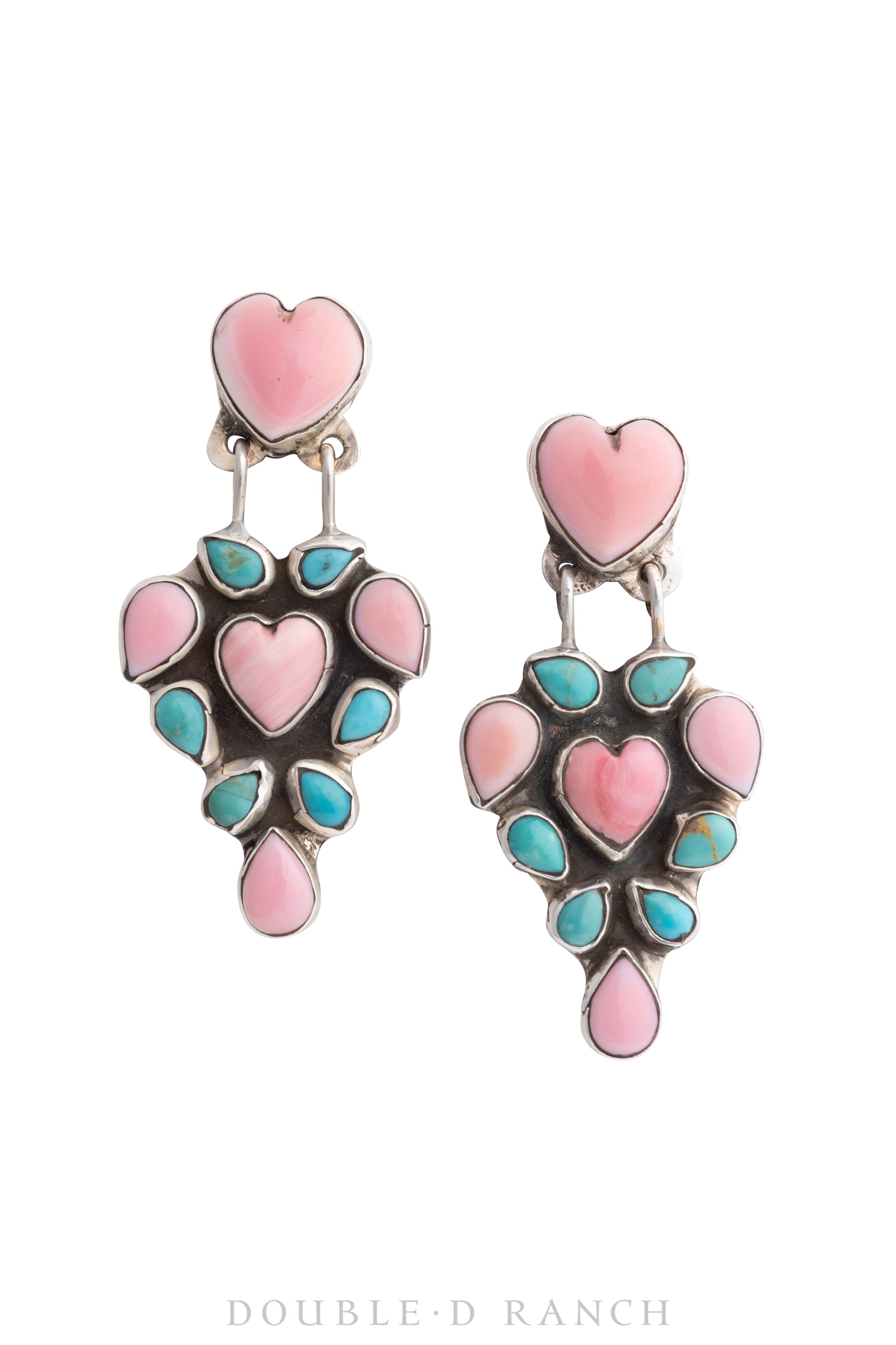 Earrings, Oscar Betz, Chandelier, Heart, Turquoise, Pink Opal, Hallmark, Contemporary, 1594