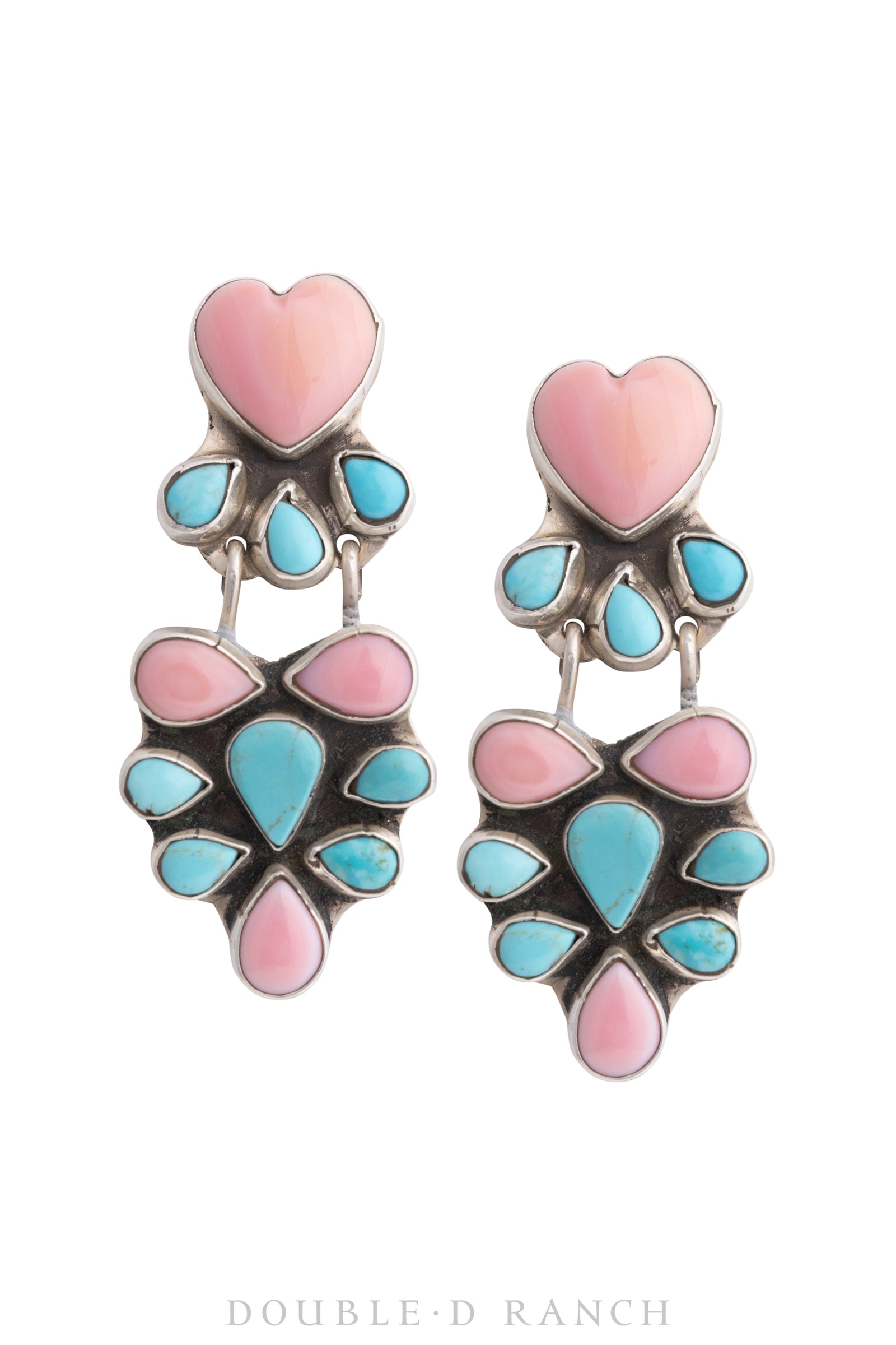 Earrings, Oscar Betz, Chandelier, Heart, Turquoise, Pink Opal, Hallmark, Contemporary, 1599