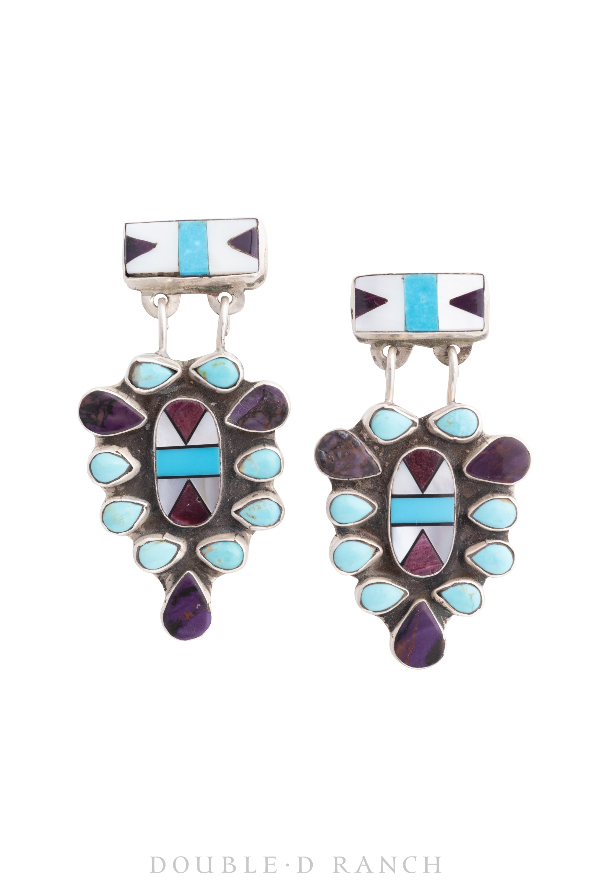 Earrings, Oscar Betz, Chandelier, Inlay, Turquoise, Opal, & Purple Spiny Oyster, Hallmark, Contemporary,1585B