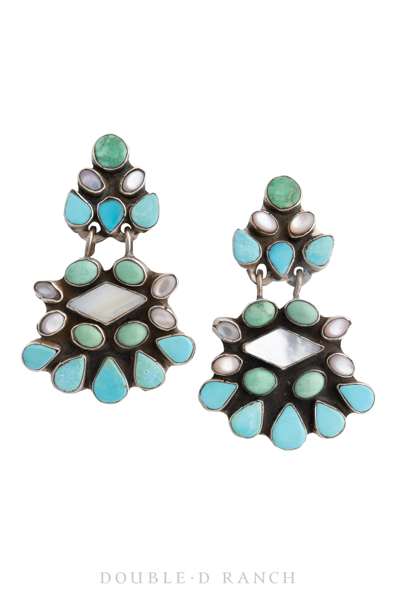 Earrings, Oscar Betz, Fan, Turquoise and Mother of Pearl, Hallmark, 1615