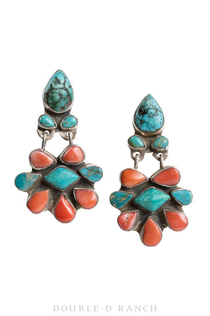 Earrings, Oscar Betz, Fan, Turquoise and Angel Skin Coral, Hallmark, 1614