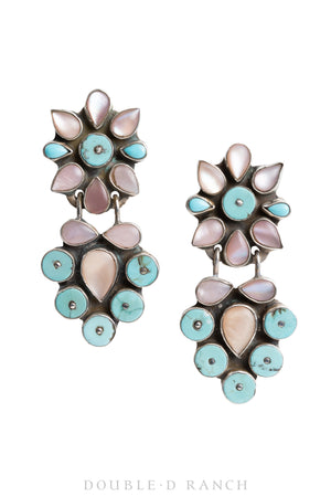 Earrings, Oscar Betz, Chandelier, Turquoise and Pink Mother of Pearl, Hallmark, 1611