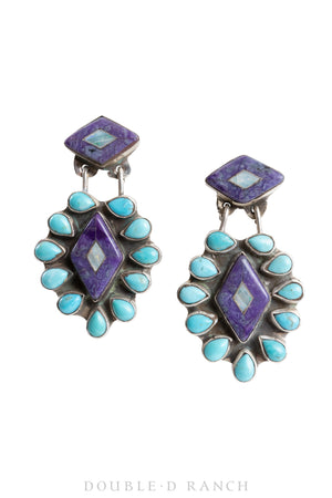 Earrings, Oscar Betz, Chandelier, Inlay, Turquoise, Purple Spiny Oyster, Hallmark, Contemporary,1581