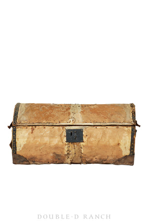 Home, Furniture, Trunk,  Valise, Document Travel, Hide Covered, Studded, Vintage 19th Century