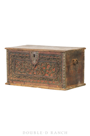 Home, Furniture, Trunk, Carved, Polychrome with Nail Details, Dovetail Joinery, Vintage, 218