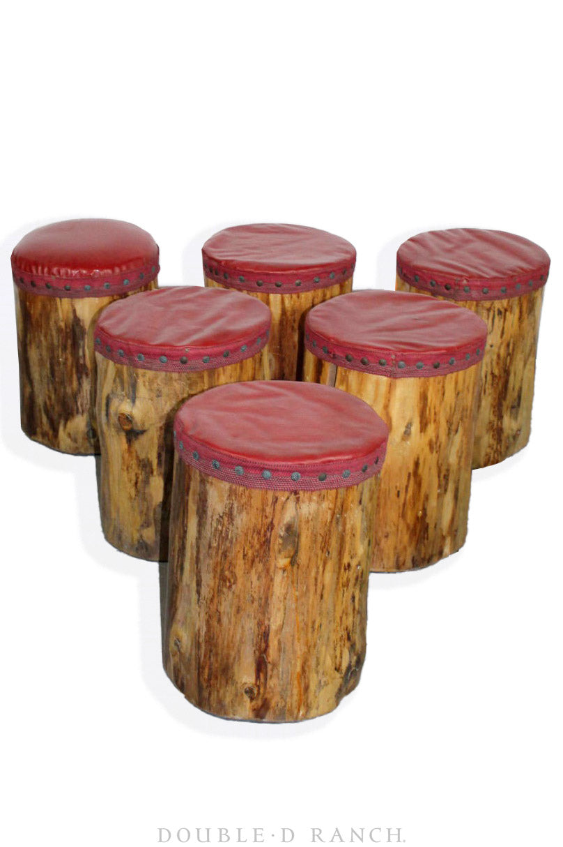 Home, Furniture, Stool, Set of 6, Lodge, Tree Trunks with Vinyl Moleskin, Vintage, 237