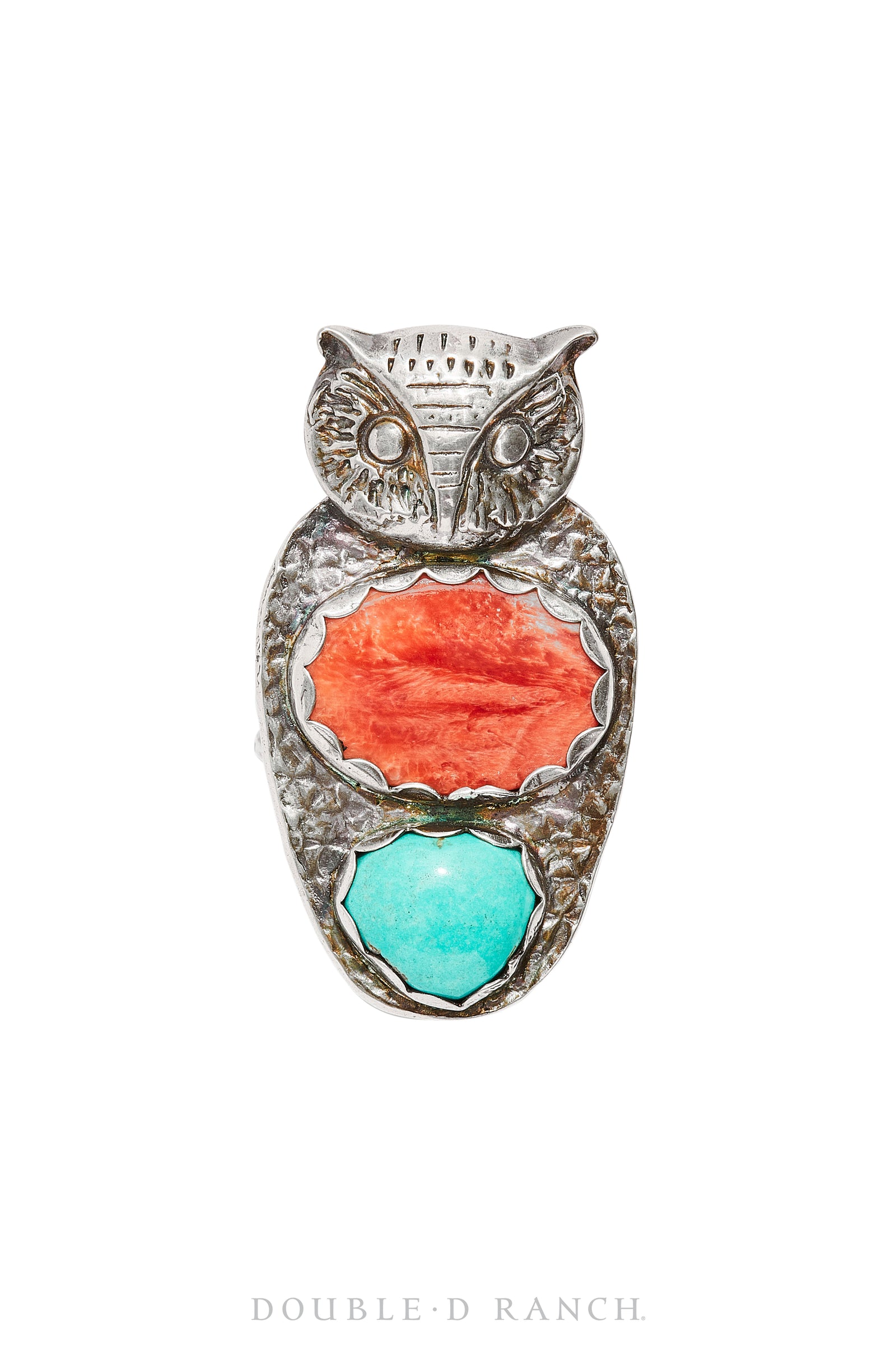 Ring, Brecken Geiman, Novelty,  Turquoise & Orange Spiny Oyster, Protector Owl, Custom for Double D Ranch, Hallmark, Contemporary, 1157B